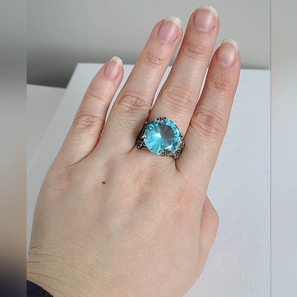Vintage Sterling Silver Boho Chunky Blue Topaz Solitaire Floral Statement Ring - Picture 12 of 14